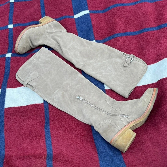 Coach Palmera suede leather beige Tall Riding Leather Block Heel Over Knee boot - Picture 1 of 8